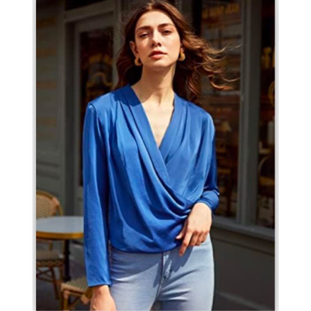 MOTF Blue Drape Long Sleeve Blue Blouse Women’s Medium